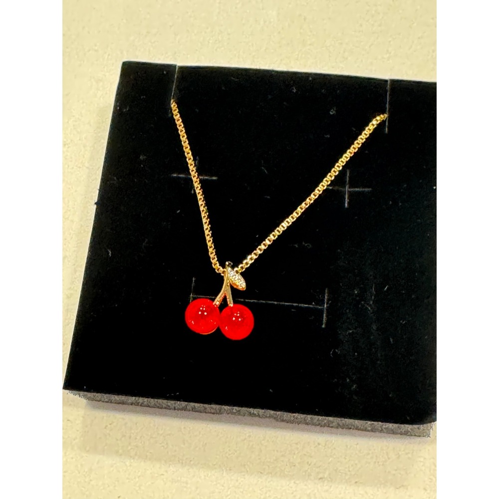 Solarie Cherry Pendant Necklace Gold Tone Red Fruit Charm 18 Inch OS New